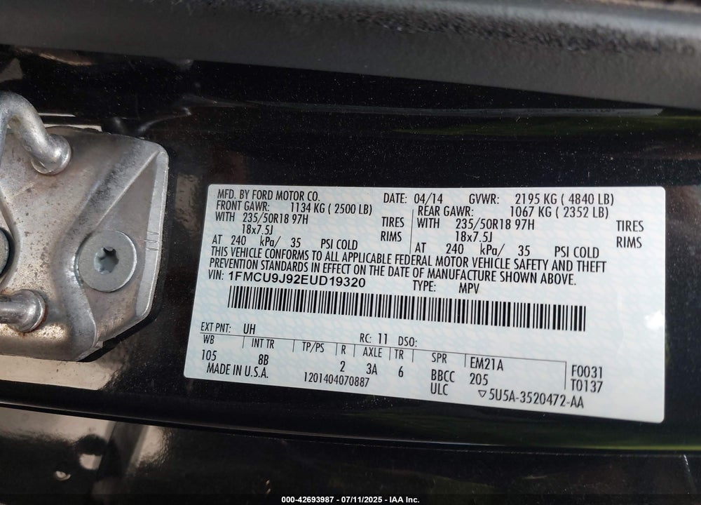 2014 FORD ESCAPE VIN: 1FMCU9J92EUD19320