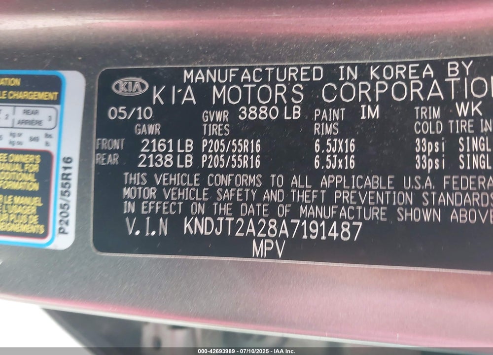 2010 KIA SOUL VIN: KNDJT2A28A7191487