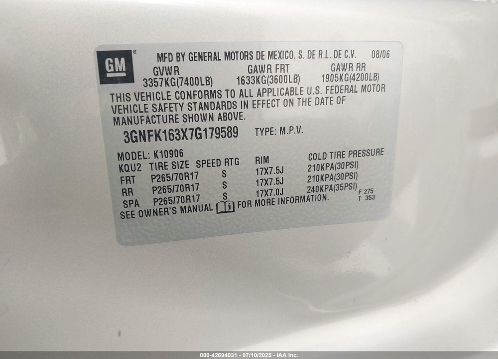2007 CHEVROLET SUBURBAN 1500 LT VIN: 3GNFK163X7G179589