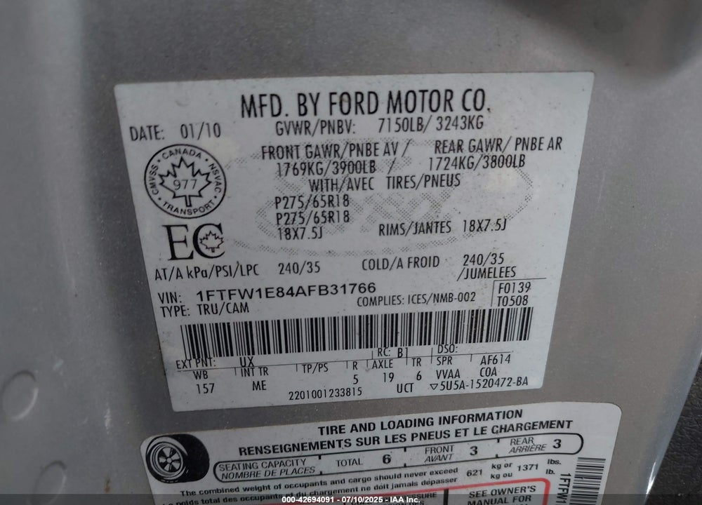 2010 FORD F-150 VIN: 1FTFW1E84AFB31766