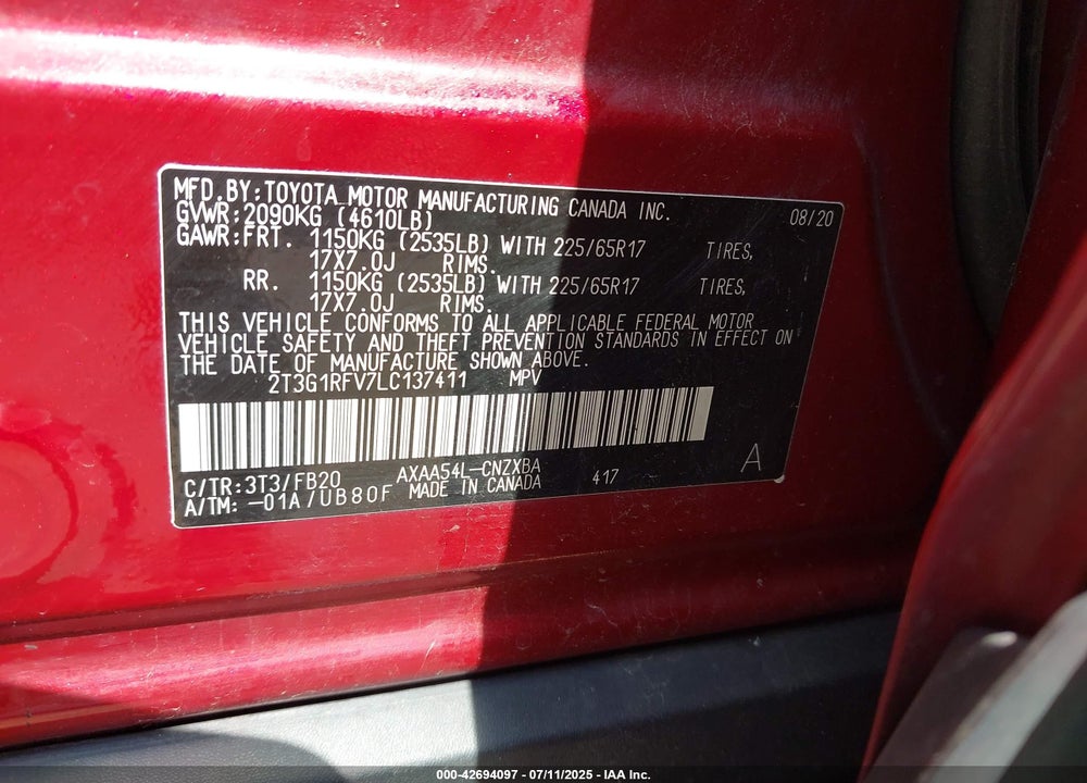 2020 TOYOTA RAV4 VIN: 2T3G1RFV7LC137411