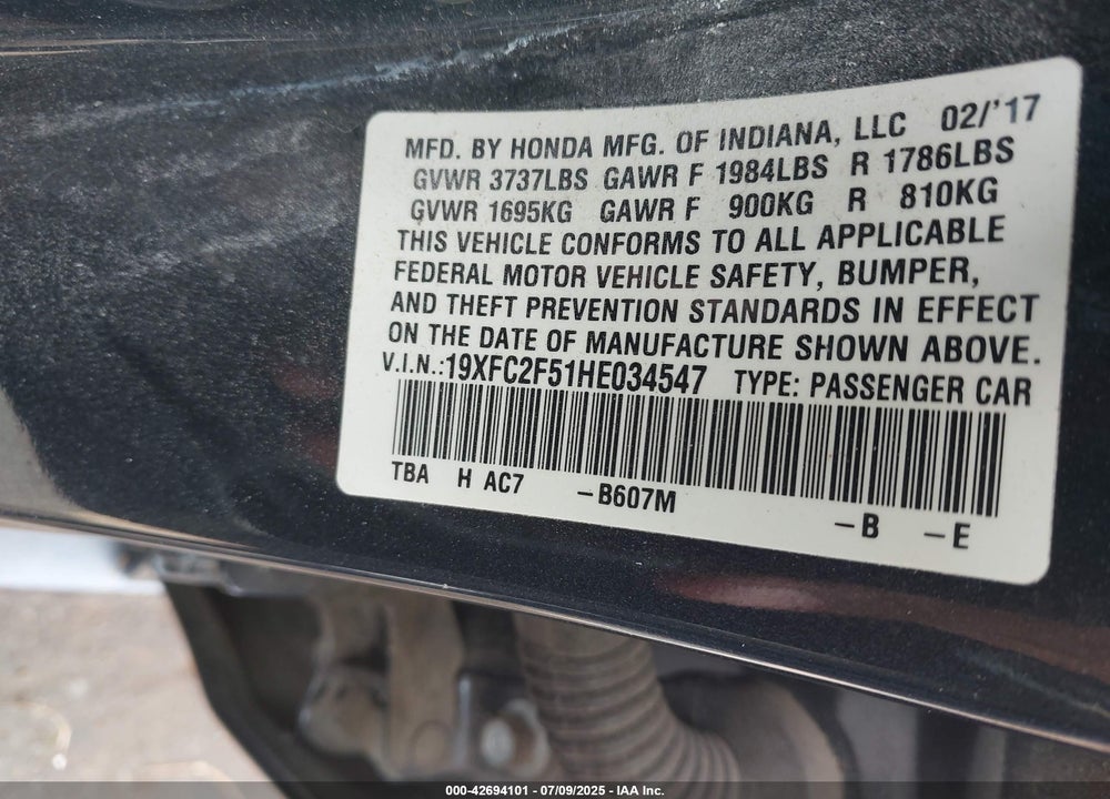 2017 HONDA CIVIC LX VIN: 19XFC2F51HE034547