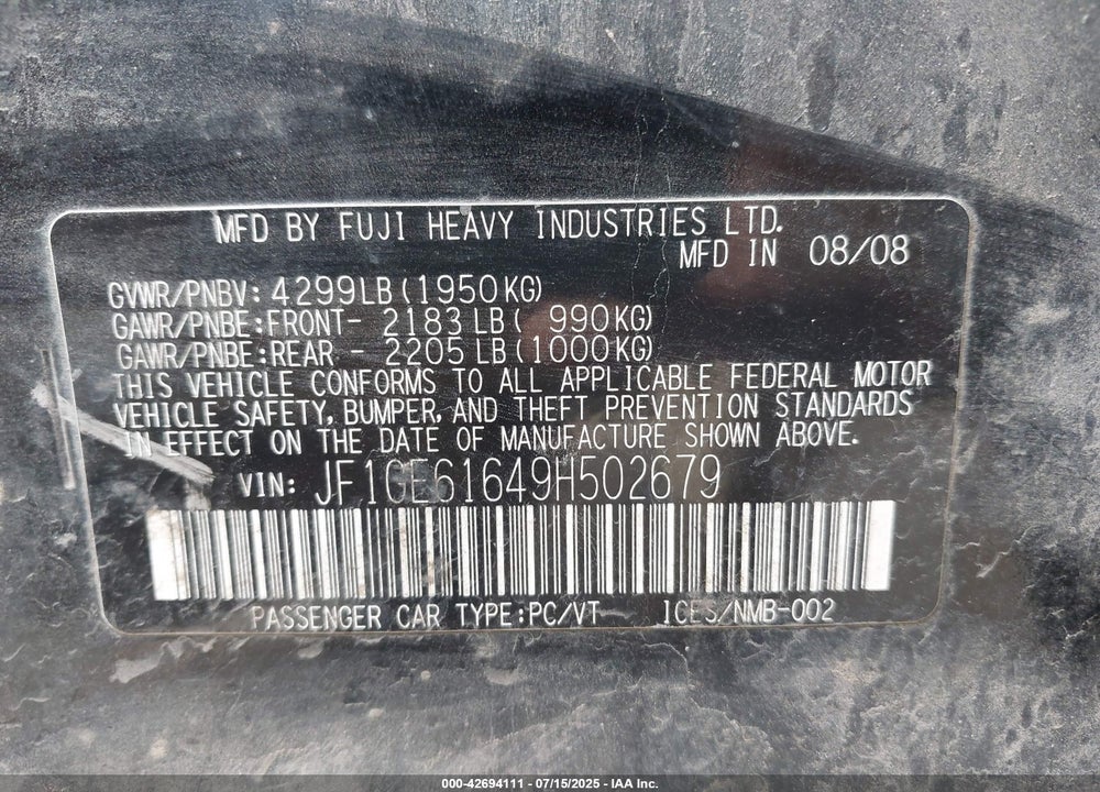 2009 SUBARU IMPREZA VIN: JF1GE61649H502679