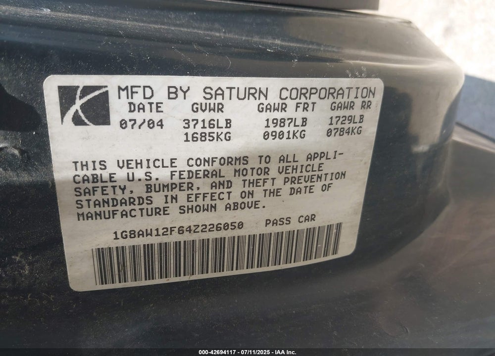 2004 SATURN ION 3 VIN: 1G8AW12F64Z226050