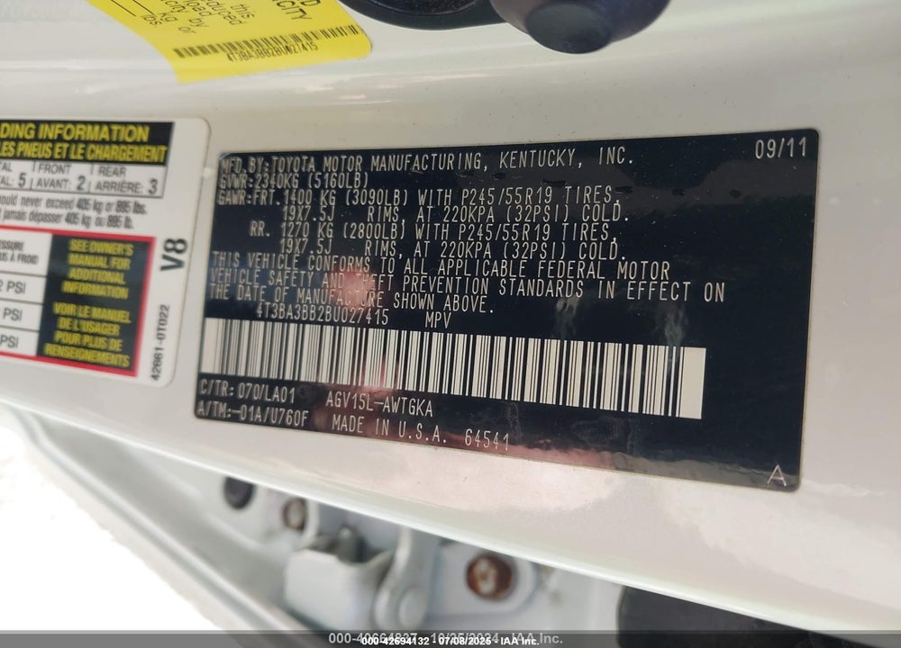 2011 TOYOTA VENZA VIN: 4T3BA3BB2BU027415