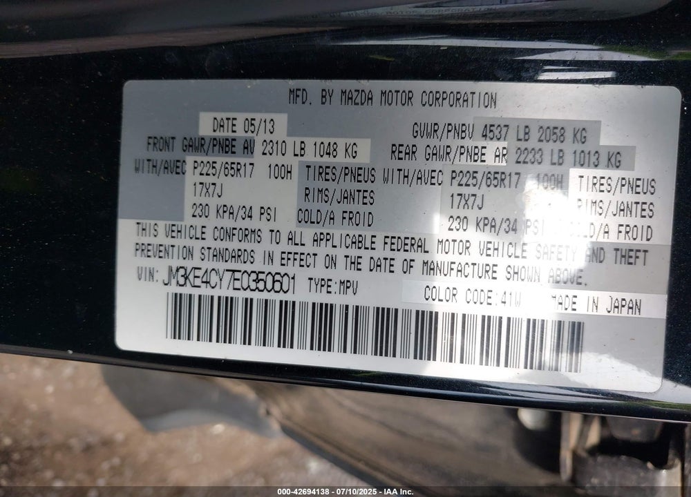2014 MAZDA CX-5 VIN: JM3KE4CY7E0350601