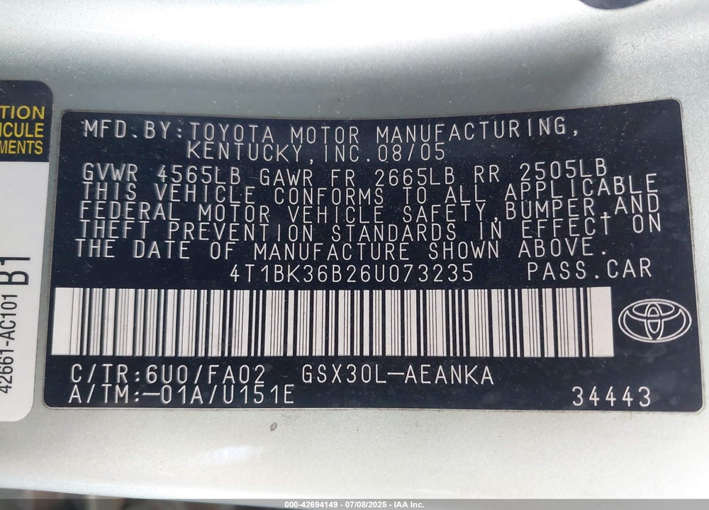 2006 TOYOTA AVALON VIN: 4T1BK36B26U073235