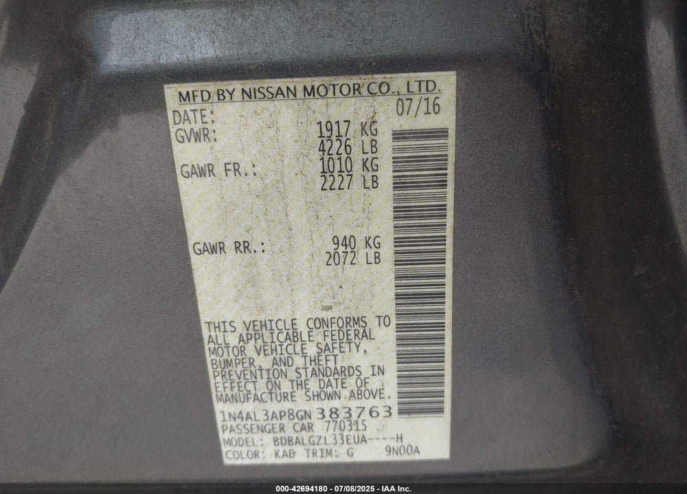 2016 NISSAN ALTIMA VIN: 1N4AL3AP8GN383763