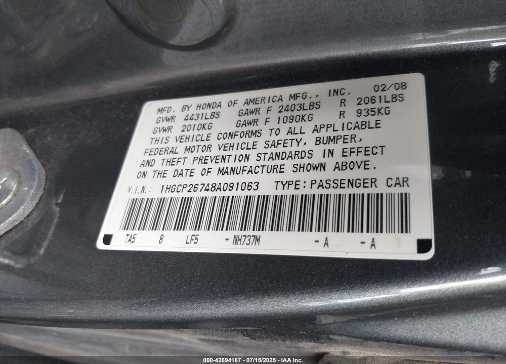 2008 HONDA ACCORD 2.4 EX VIN: 1HGCP26748A091063