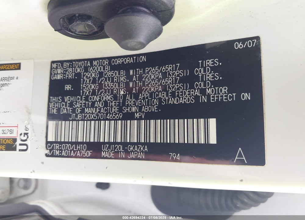 2007 LEXUS GX 470 VIN: JTJBT20X570146569
