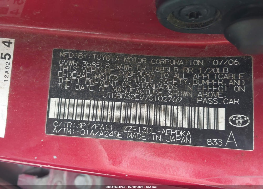 2007 TOYOTA COROLLA CE VIN: JTDBR32E970102769