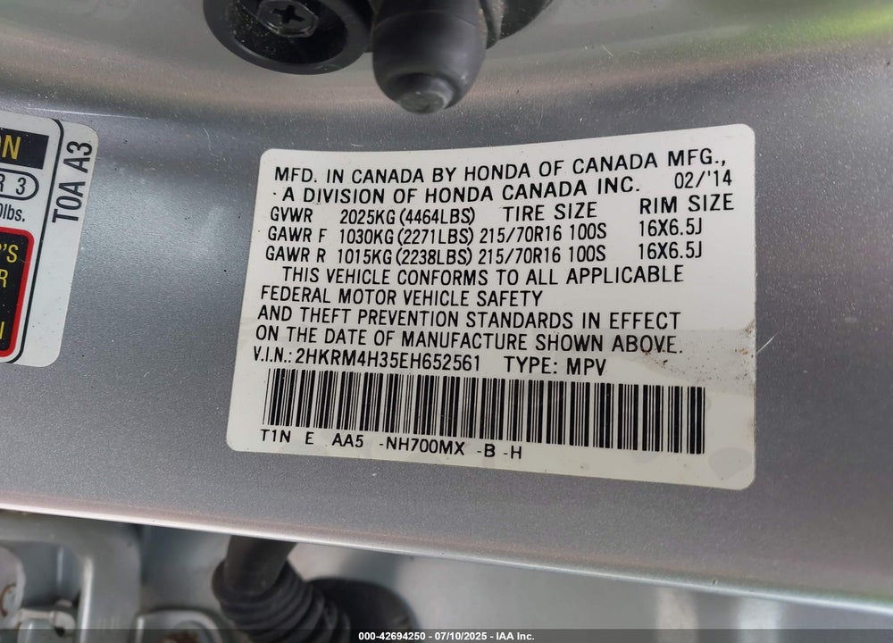 2014 HONDA CR-V VIN: 2HKRM4H35EH652561