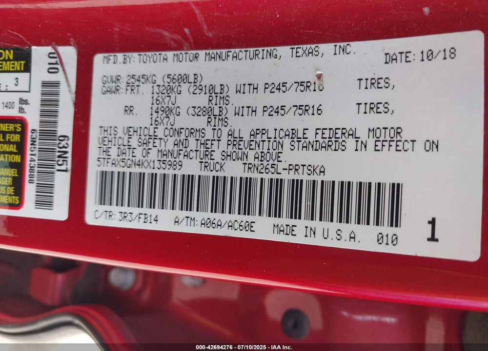 2019 TOYOTA TACOMA SR VIN: 5TFAX5GN4KX135989