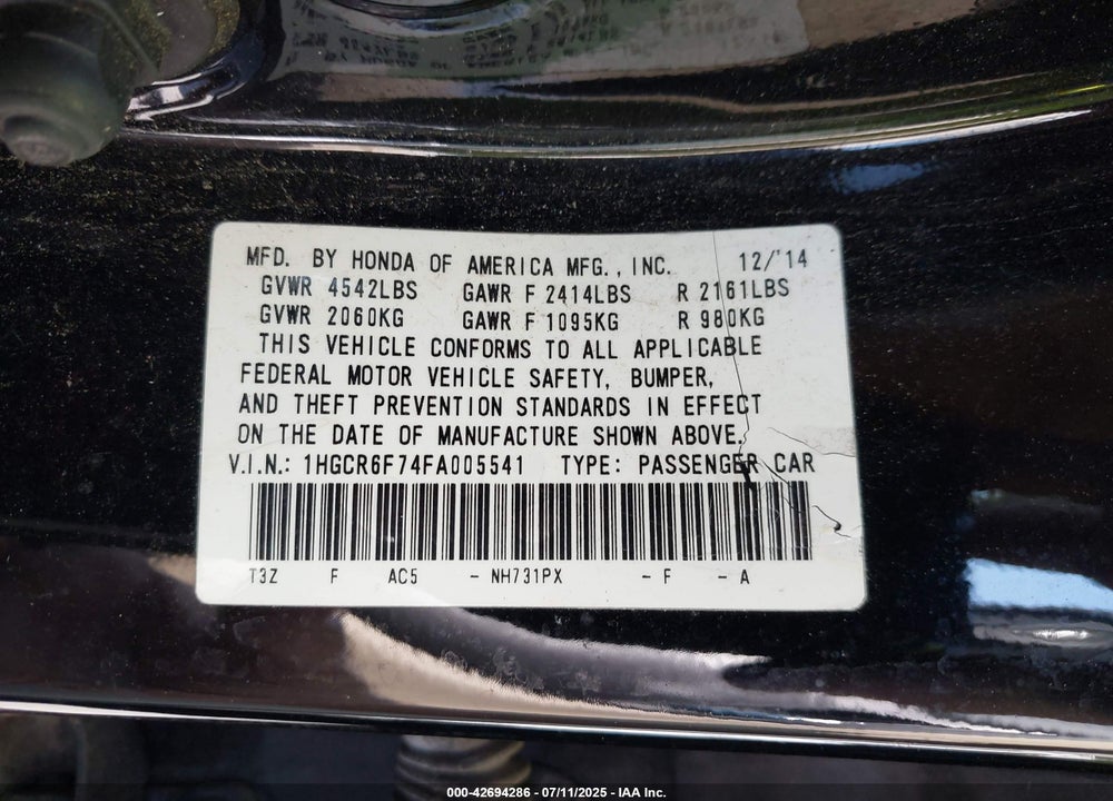 2015 HONDA ACCORD VIN: 1HGCR6F74FA005541