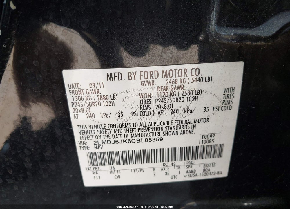 2012 LINCOLN MKX VIN: 2LMDJ6JK6CBL05359