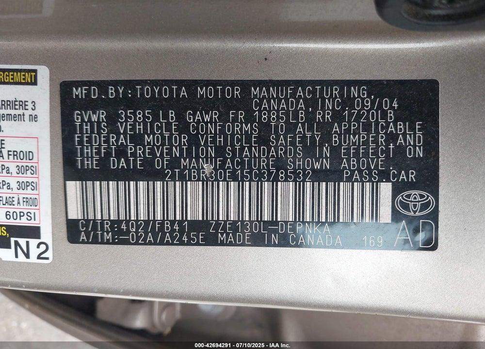 2005 TOYOTA COROLLA LE VIN: 2T1BR30E15C378532