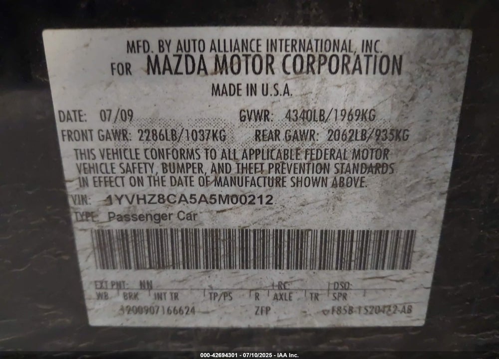 2010 MAZDA 6 VIN: 1YVHZ8CA5A5M00212