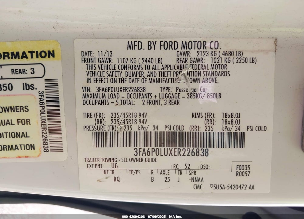 2014 FORD FUSION VIN: 3FA6P0LUXER226838
