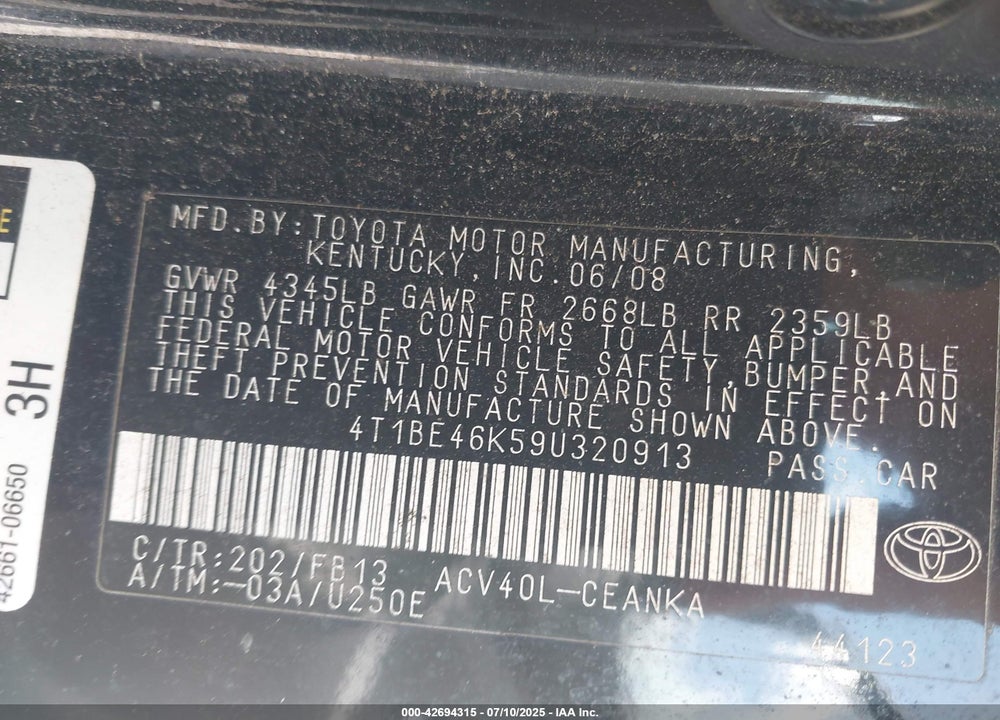 2009 TOYOTA CAMRY VIN: 4T1BE46K59U320913