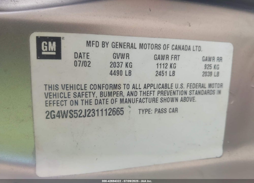 2003 BUICK CENTURY CUSTOM VIN: 2G4WS52J231112665