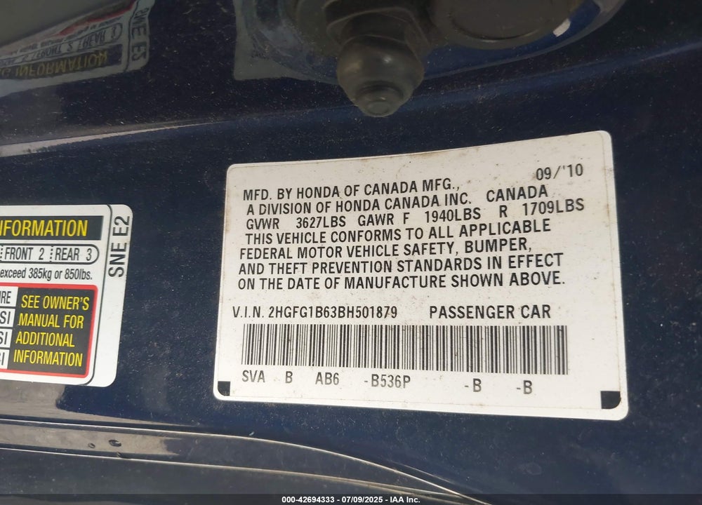 2011 HONDA CIVIC VIN: 2HGFG1B63BH501879