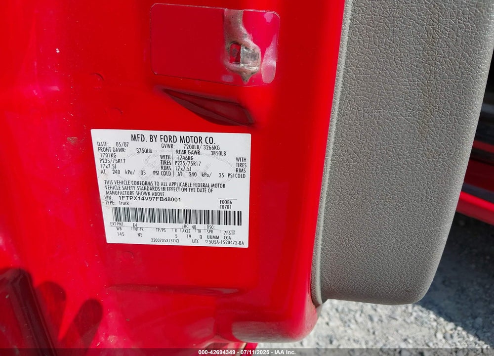 2007 FORD F-150 VIN: 1FTPX14V97FB48001