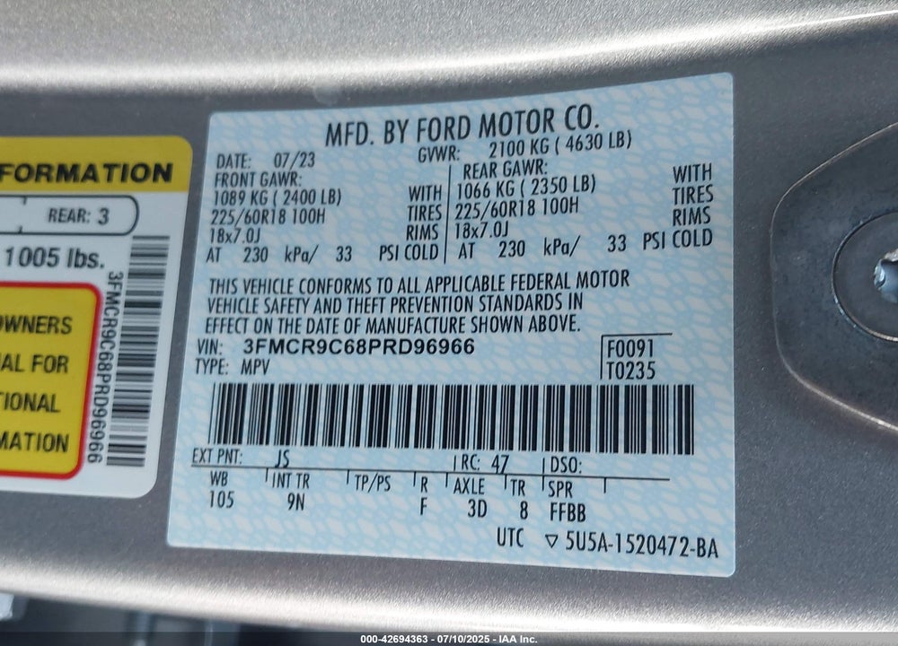 2023 FORD BRONCO SPORT VIN: 3FMCR9C68PRD96966