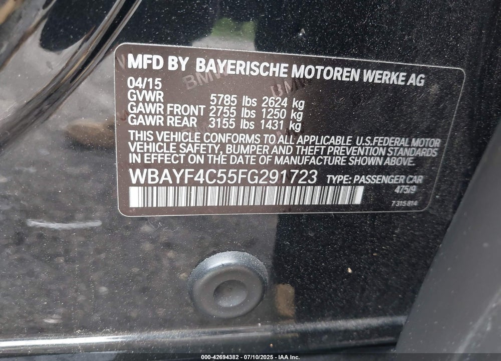 2015 BMW 7 SERIES VIN: WBAYF4C55FG291723