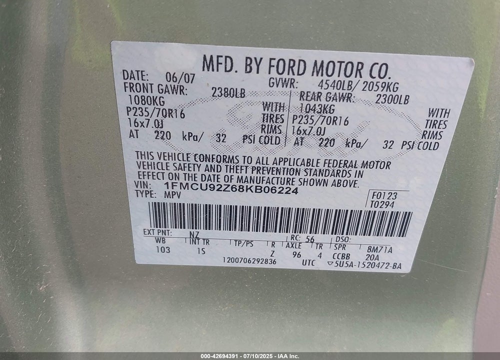 2008 FORD ESCAPE VIN: 1FMCU92Z68KB06224