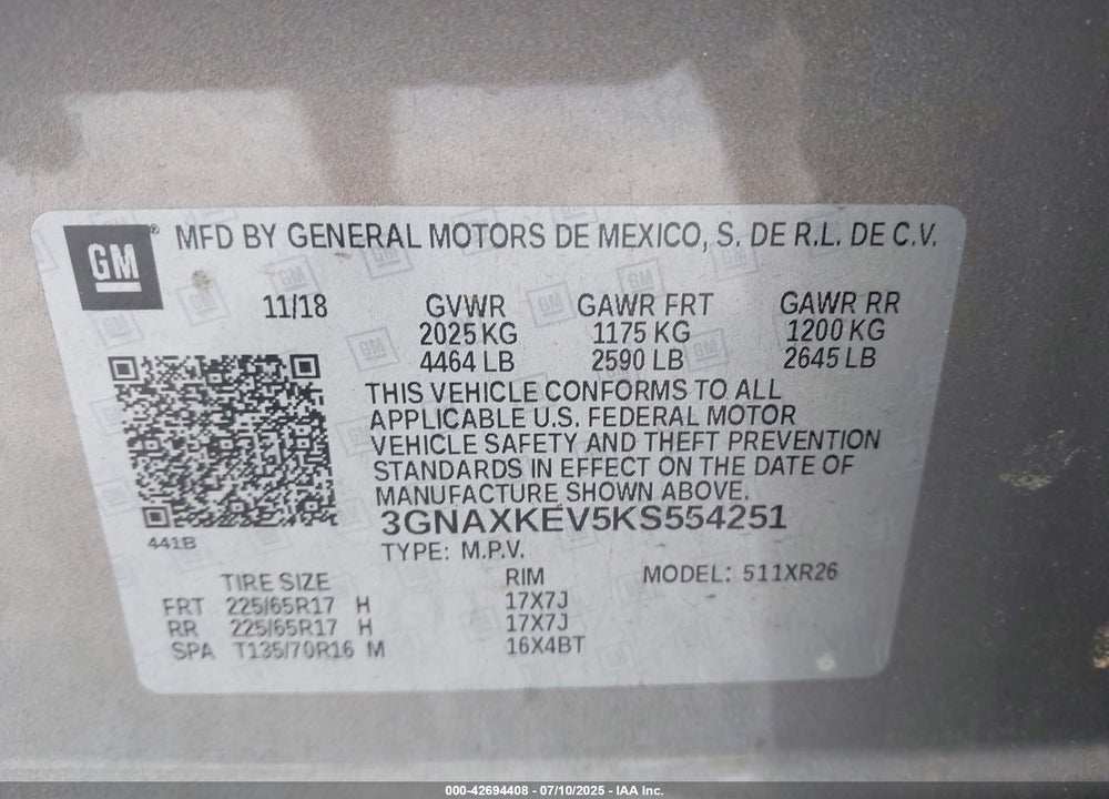 2019 CHEVROLET EQUINOX LT VIN: 3GNAXKEV5KS554251