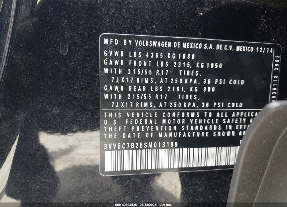 2025 VOLKSWAGEN TAOS 1.5T S VIN: 3VV5C7B25SM013199