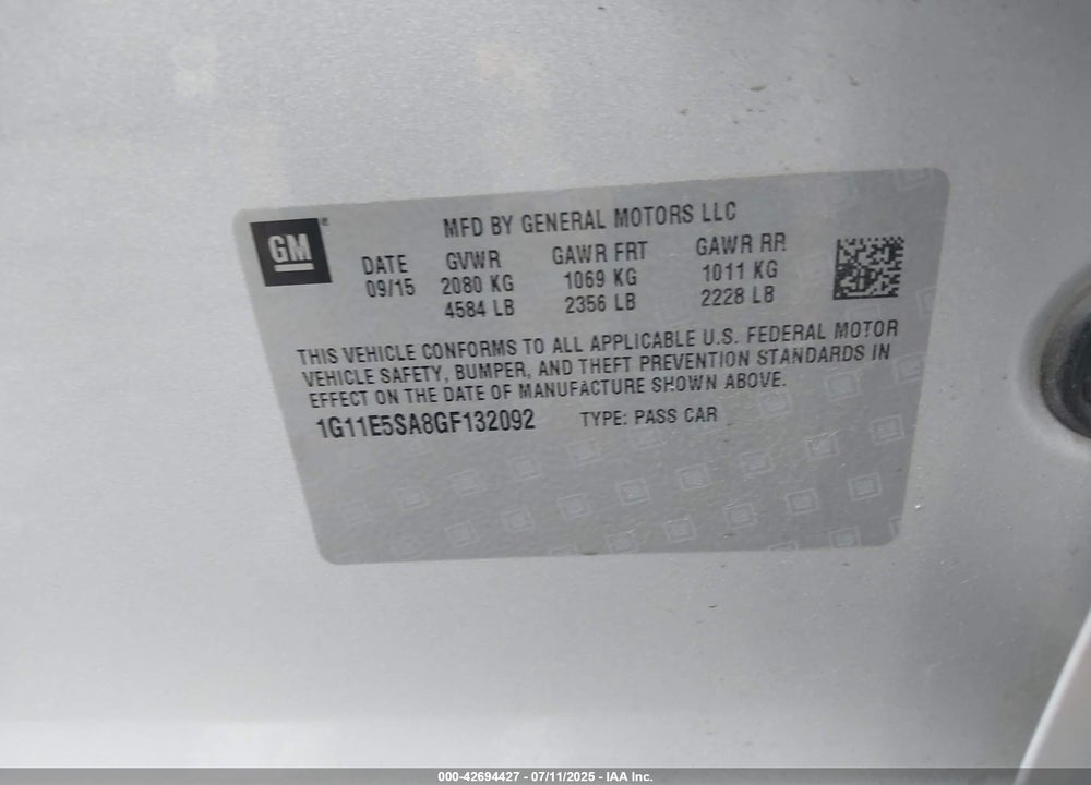 2016 CHEVROLET MALIBU LIMITED VIN: 1G11E5SA8GF132092