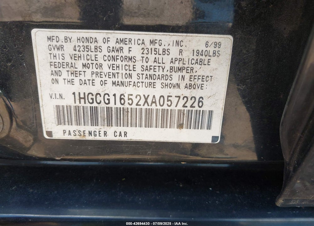 1999 HONDA ACCORD EX V6 VIN: 1HGCG1652XA057226