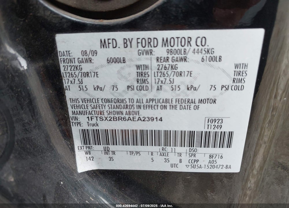 2010 FORD F-250 VIN: 1FTSX2BR6AEA23914