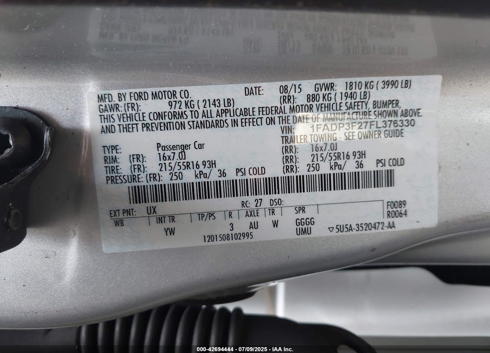 2015 FORD FOCUS VIN: 1FADP3F27FL376330