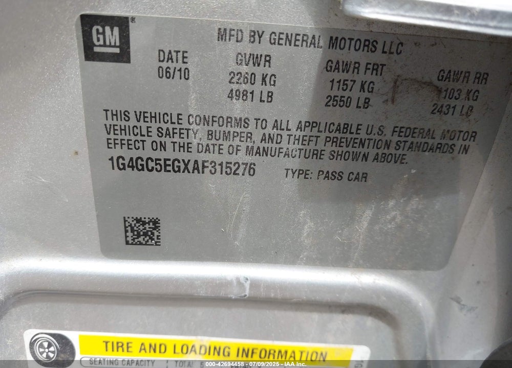 2010 BUICK LACROSSE VIN: 1G4GC5EGXAF315276