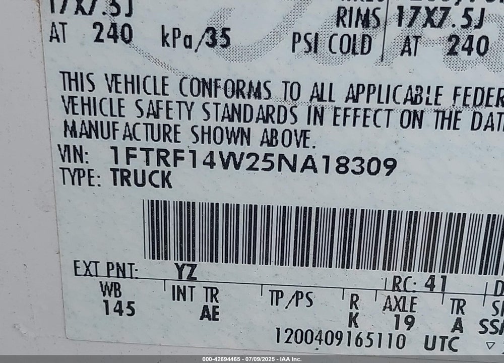 2005 FORD F-150 STX/XL/XLT VIN: 1FTRF14W25NA18309