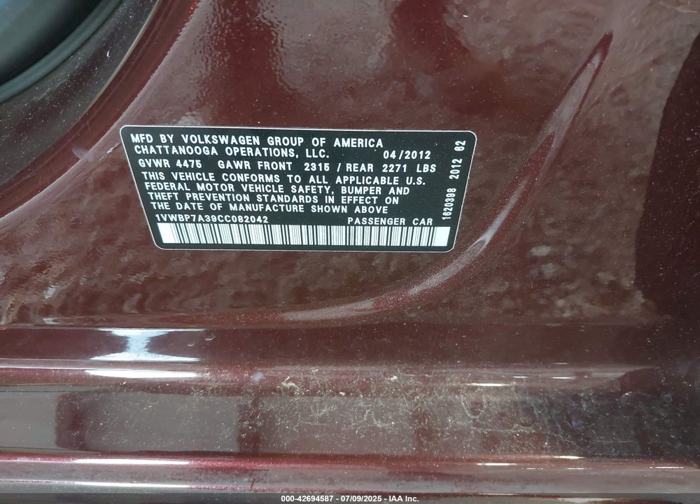 2012 VOLKSWAGEN PASSAT VIN: 1VWBP7A39CC082042