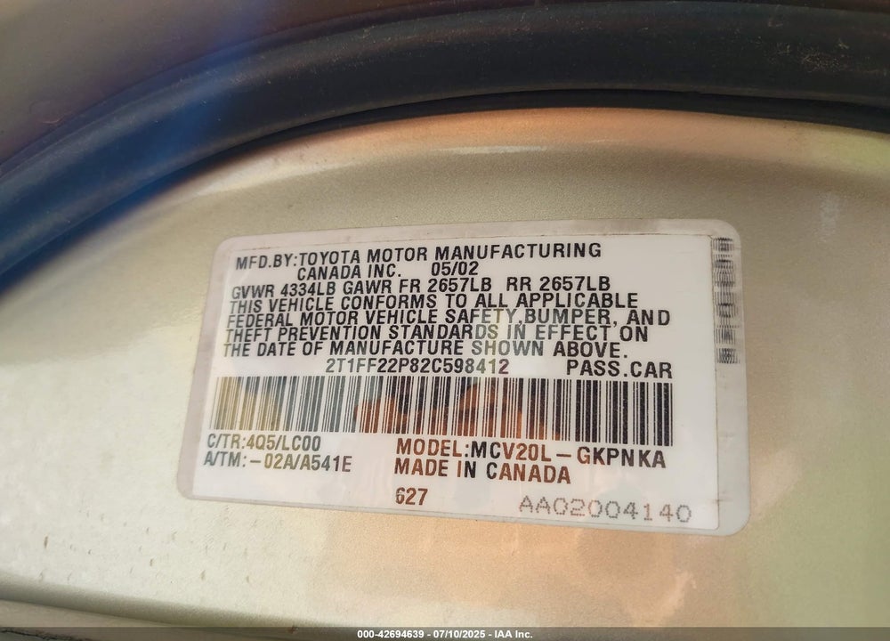 2002 TOYOTA CAMRY SOLARA VIN: 2T1FF22P82C598412