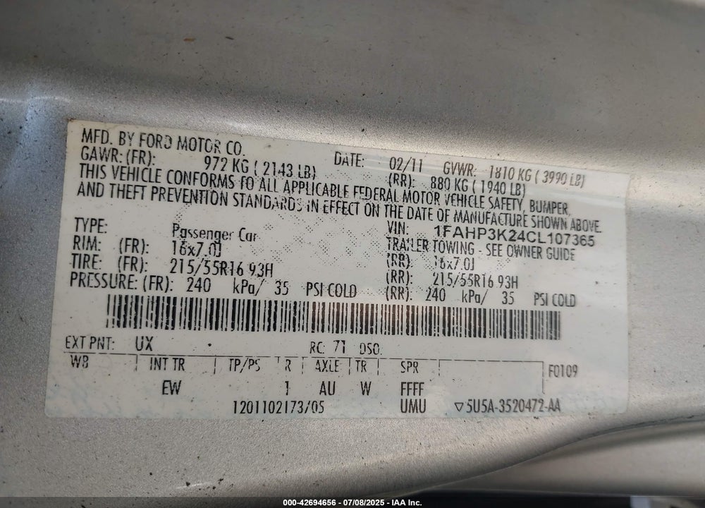 2012 FORD FOCUS VIN: 1FAHP3K24CL107365