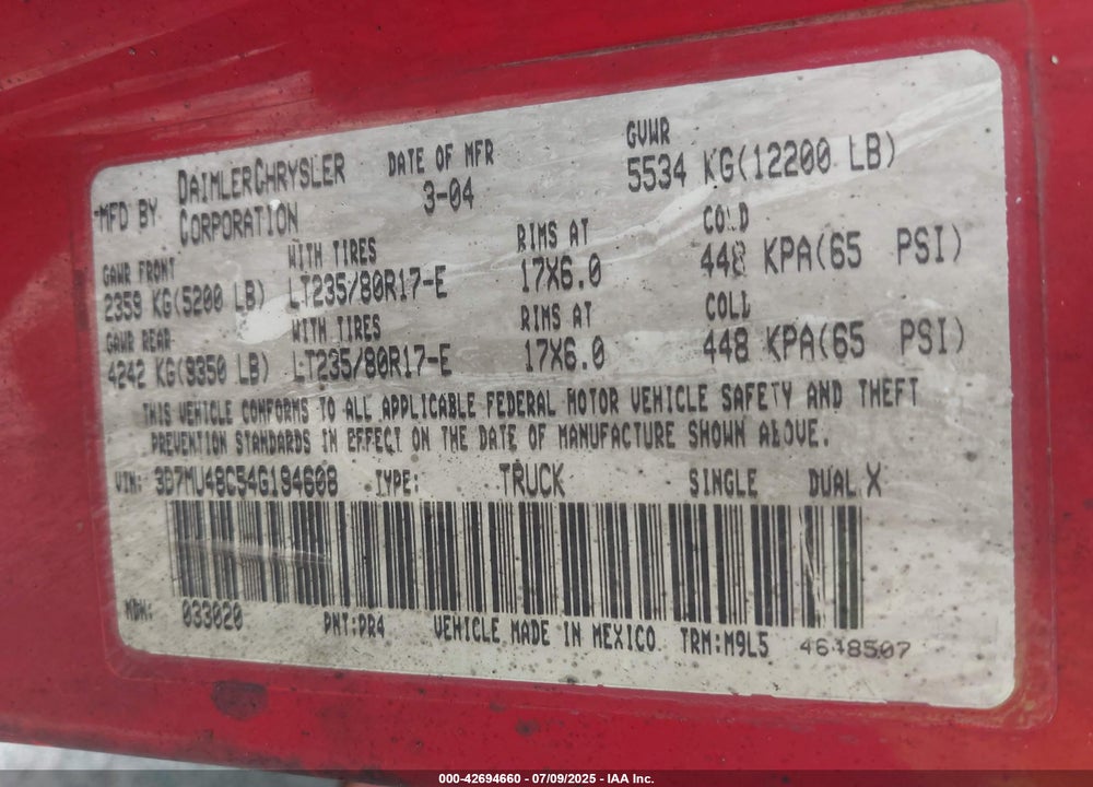 2004 DODGE RAM 3500 SLT/LARAMIE VIN: 3D7MU48C54G194608