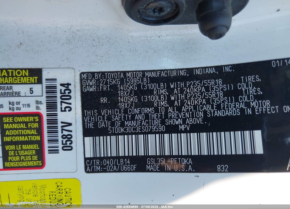 2014 TOYOTA SIENNA XLE 7 PASSENGER VIN: 5TDDK3DC3ES079590