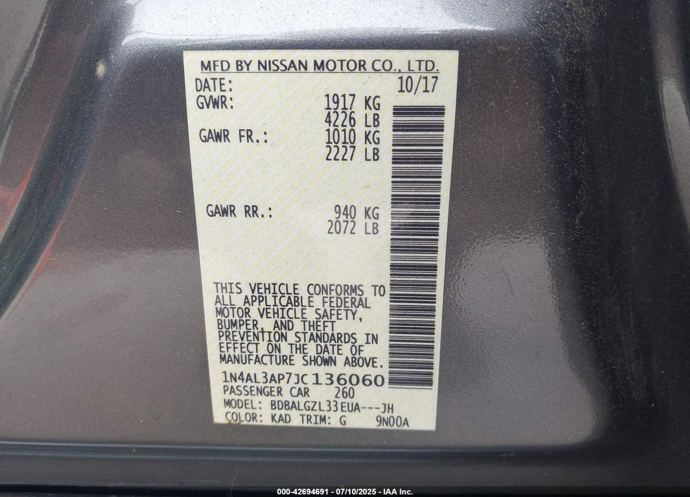 2018 NISSAN ALTIMA VIN: 1N4AL3AP7JC136060