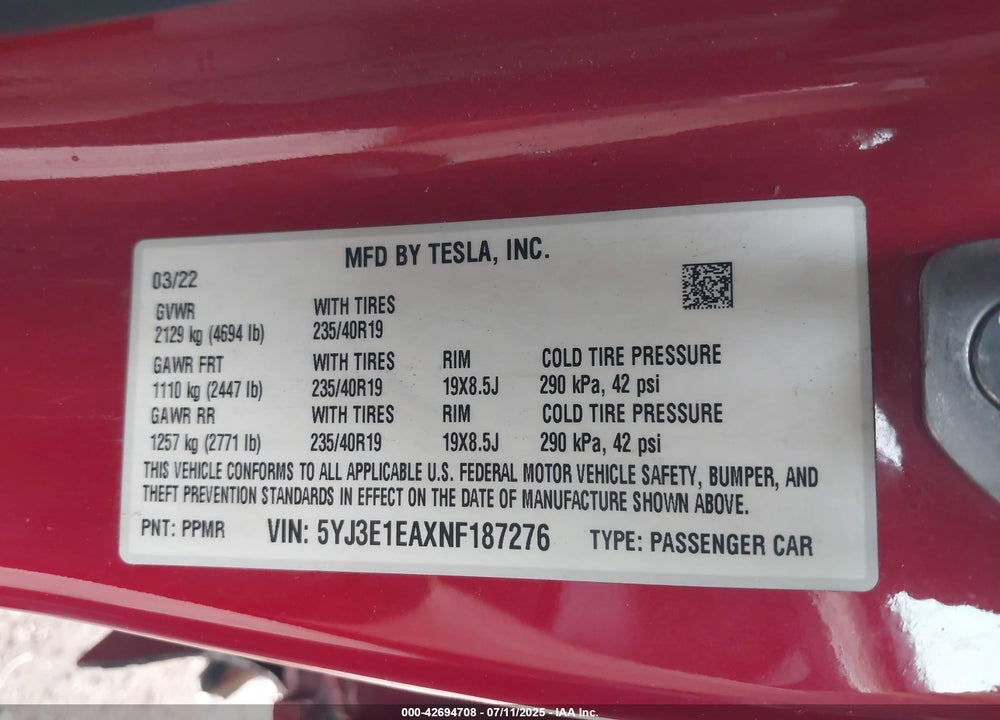 2022 TESLA MODEL 3 VIN: 5YJ3E1EAXNF187276