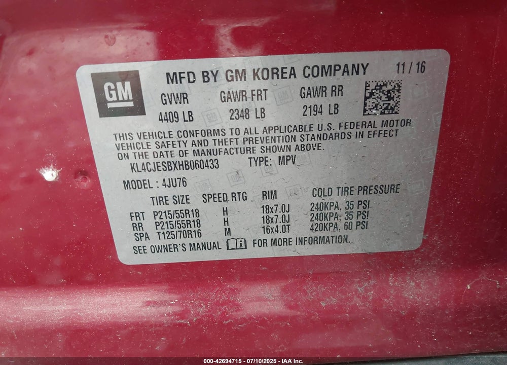 2017 BUICK ENCORE VIN: KL4CJESBXHB060433