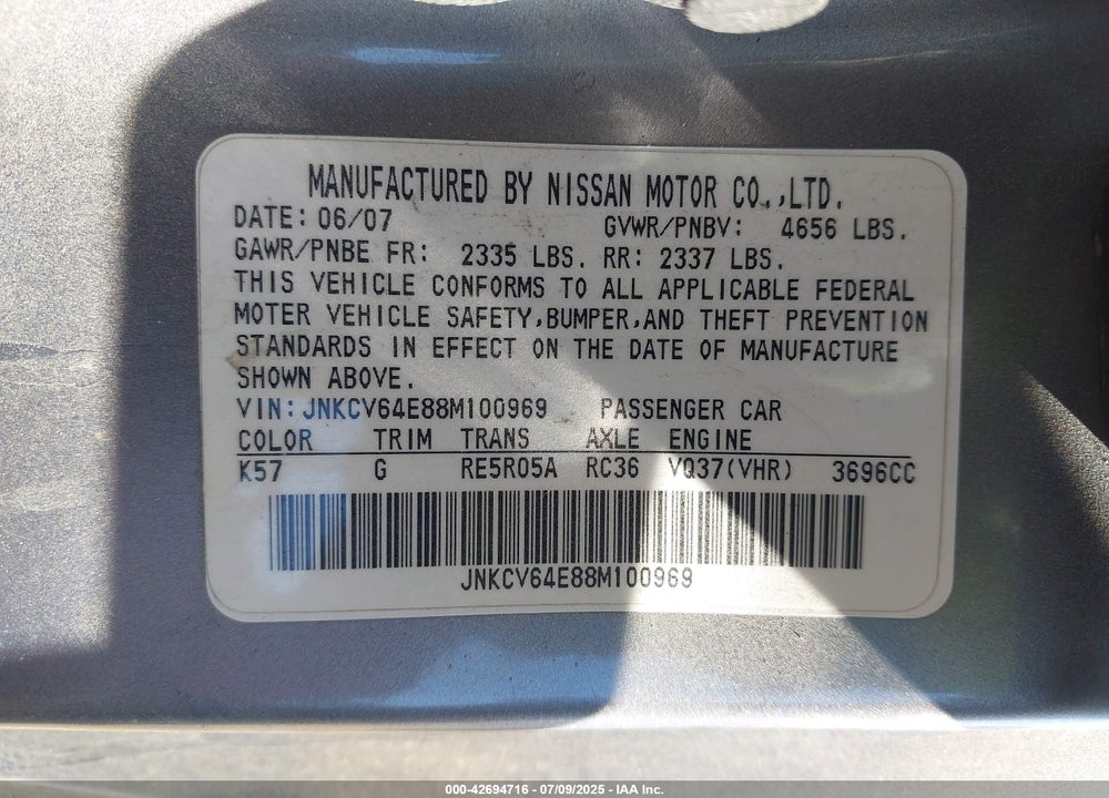 2008 INFINITI G37 VIN: JNKCV64E88M100969