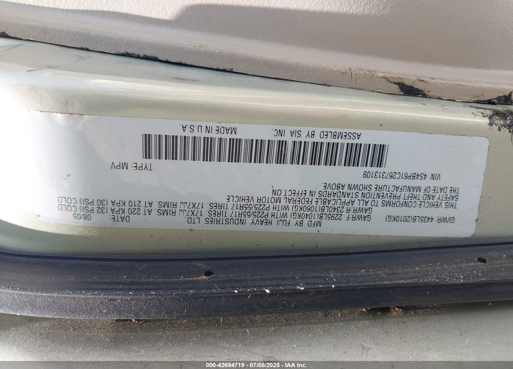 2006 SUBARU OUTBACK 2.5I VIN: 4S4BP61C267313109