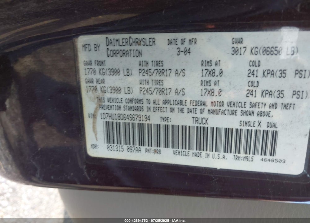 2004 DODGE RAM 1500 SLT/LARAMIE VIN: 1D7HU18D64S679194