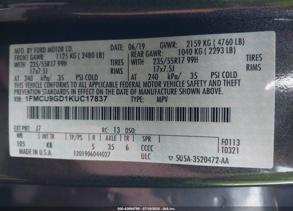 2019 FORD ESCAPE VIN: 1FMCU9GD1KUC17837