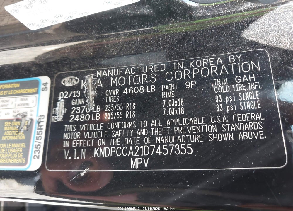 2013 KIA SPORTAGE VIN: KNDPCCA21D7457355